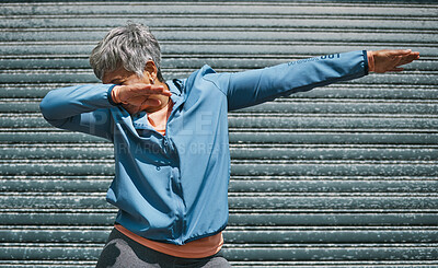 Buy stock photo Woman, exercise and dab dance outdoor at training, fitness or workout achievement with celebration. Mature runner lady, comic dancing and winner in city with mindset, success or commitment to health