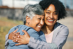 Senior women, workout hug and smile closeup with fitness and exercise outdoor for health. Elderly people, sport training and happy friends with bonding and embrace after running of a mature athlete