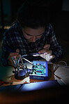 Woman, computer motherboard and night with soldering iron, manufacturing and microchip for it development. Information technology, circuit board and electronics for engineering, hardware and system