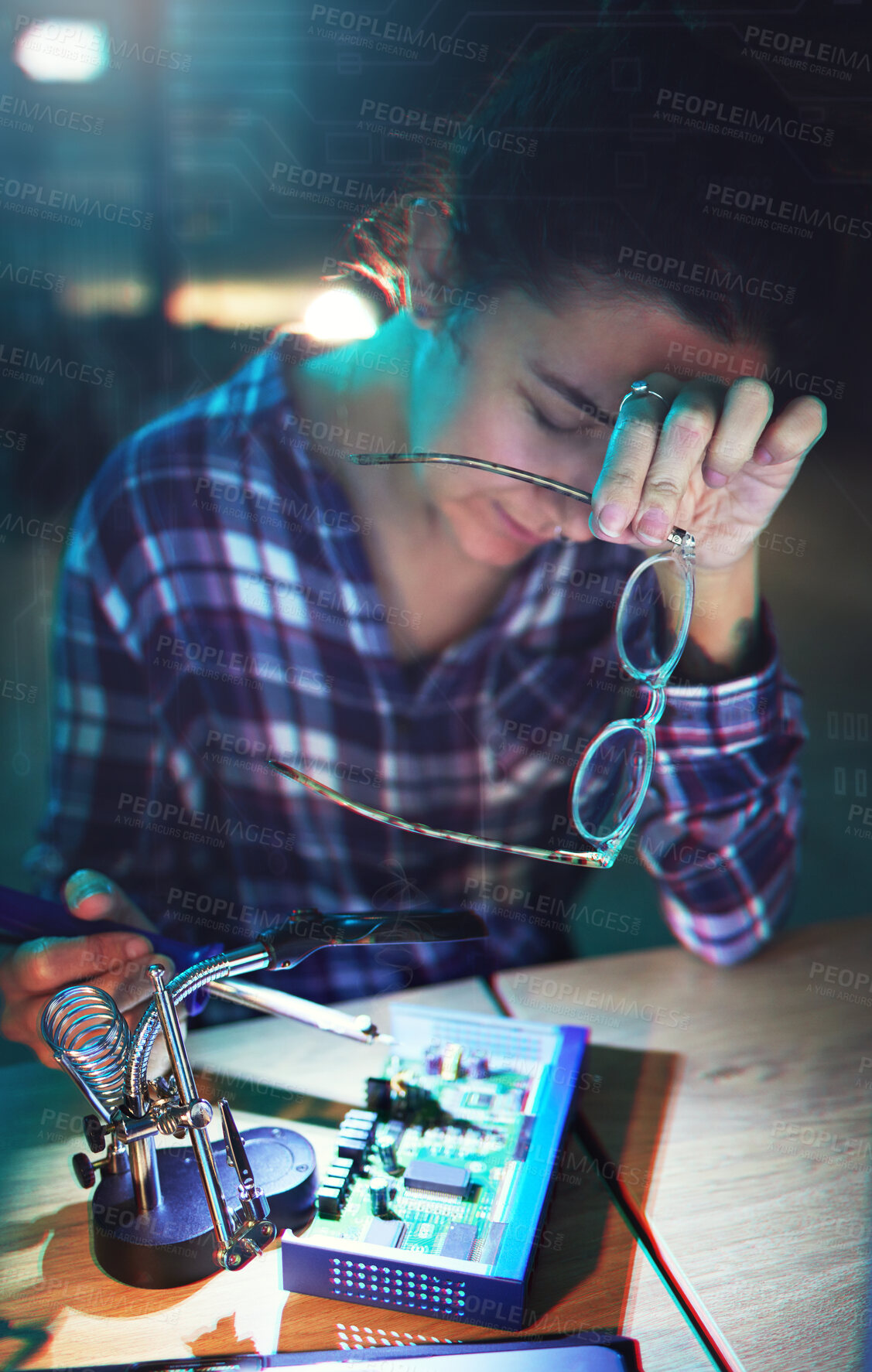 Buy stock photo Woman, technician and pc motherboard with electronics, circuit and tired with holographic overlay in lab. Information technology, maintenance and engineer with fatigue, hardware and system in night