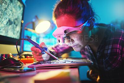 Buy stock photo Woman, computer motherboard and soldering iron for manufacturing, microchip and it development. Information technology, circuit board and electronics for engineering, hardware and system with tools