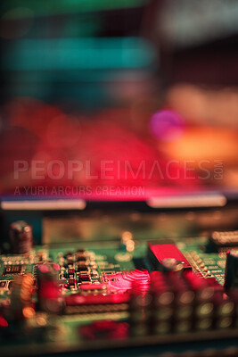 Buy stock photo Computer motherboard, closeup and manufacturing with microchip, mockup space and it development in lab. Information technology, circuit board and electronics for programming, hardware and system