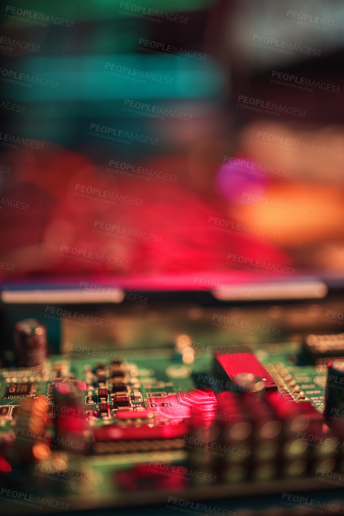 Buy stock photo Computer motherboard, closeup and manufacturing with microchip, mockup space and it development in lab. Information technology, circuit board and electronics for programming, hardware and system
