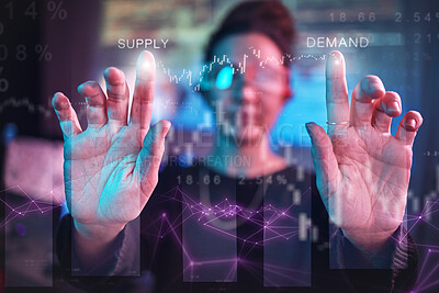 Buy stock photo Hands of woman, vr algorithm and hologram coding for web business, futuristic technology and ar analysis. Data overlay,  supply and demand dashboard, programmer with virtual reality charts and graphs