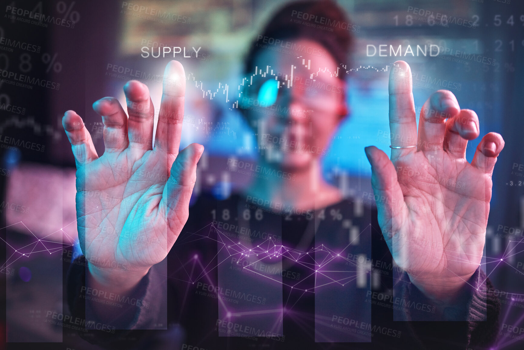 Buy stock photo Hands of woman, vr algorithm and hologram coding for web business, futuristic technology and ar analysis. Data overlay,  supply and demand dashboard, programmer with virtual reality charts and graphs
