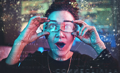Buy stock photo Virtual reality, spy and hologram with woman and glasses for futuristic, headset and cyber network. Neon, night and 3d with person at home for technology abstract, monitor and digital system
