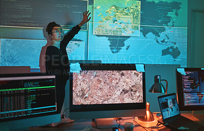 Buy stock photo Cybersecurity, woman and global presentation with map graphic for phishing and hacker data. Cyber crime, employee and technology for firewall hacking and ransomware coding for system algorithm