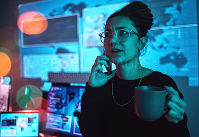 Buy stock photo Night, coffee and a woman hacker on a phone call during a cyber security emergency in her office. Communication, software and dark with a programmer talking about an information technology problem