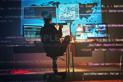 Buy stock photo Woman, hacking and cybersecurity, hologram map and screen with malware, futuristic technology and global web security. Data protection overlay, world dashboard and programmer with digital safety code