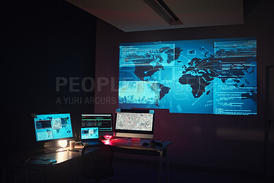 Buy stock photo Dark, empty office and computer for global research or monitor of a system. Closeup, technology abstract and a pc at night at company for programming, cloud computing or data science for the world