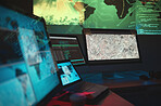 Computer, dark and monitor for global cyber security, government research or data capturing. Software, office and a desk with pc for world server, surveillance agency or information for analysis