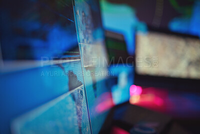 Buy stock photo Dark, empty office and computer for cyber security, global coding or monitor. Closeup, technology abstract and a pc at night at company for programming, cloud computing or data science for the world