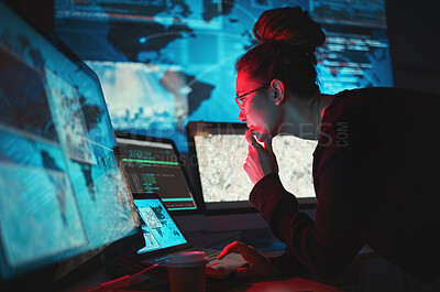 Buy stock photo Cybersecurity, woman and computer with global network for phishing, ransomware and cyber search. Maps, digital database and IT worker in dark room for virtual malware hacking fix of a employee back