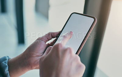 Buy stock photo Phone, mockup and hands of person in office for social media, internet and mobile space. Technology, professional and closeup of business worker on smartphone screen for website, brand or advertising