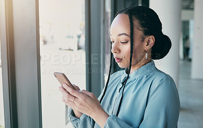 Buy stock photo Phone, typing and business black woman in office for social media, browse internet and mobile app. Networking, professional and female worker on smartphone for website, research and communication