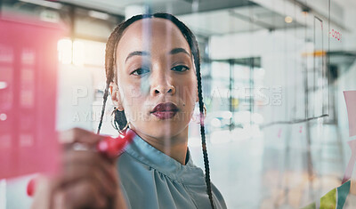 Buy stock photo Woman at glass with moodboard, pen and notes for business planning, brainstorming and working process. Thinking, creative plan and writing ideas for startup proposal on mind map at office workshop.