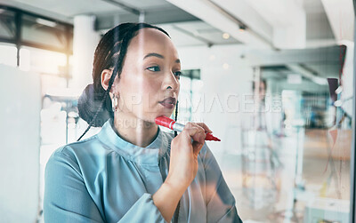 Buy stock photo Woman at glass, thinking with ideas and pen for business planning, brainstorming or working process. Mind map, creative plan and writing on moodboard for startup proposal, agenda or workshop schedule