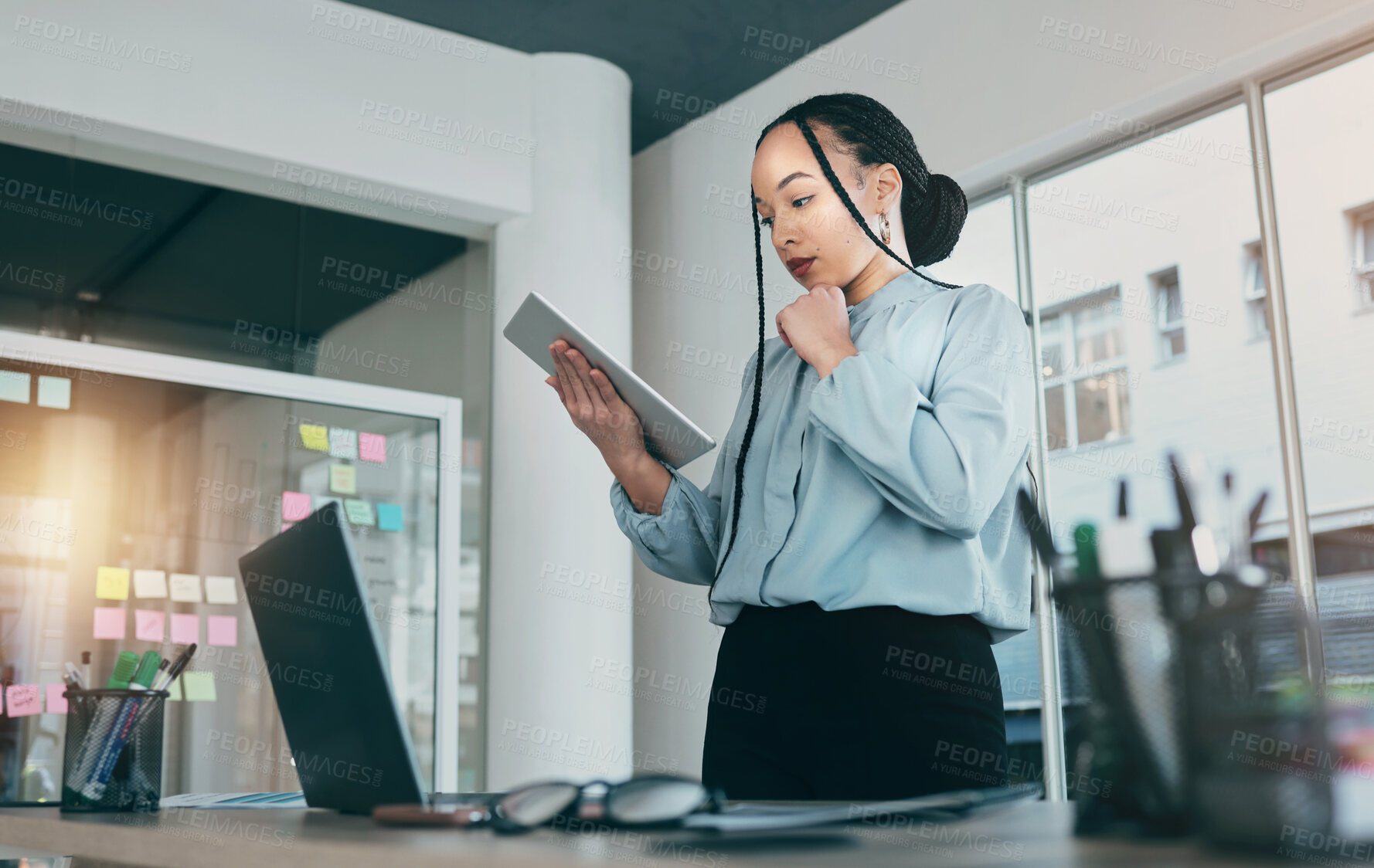 Buy stock photo Tablet, thinking and business woman at web analyst company with planning. Technology, female person and online professional working in office with computer and digital data research for project