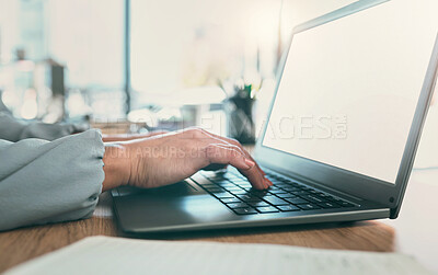 Buy stock photo Laptop screen mockup, keyboard and person hands typing administration report, online project development or research. Advertising space, UI design and closeup business employee working on ecommerce
