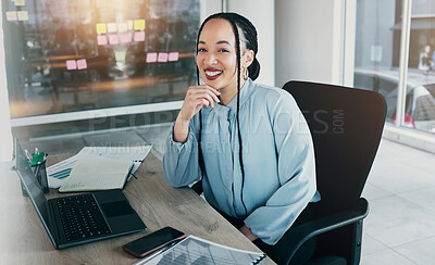 Buy stock photo Portrait on woman in office with laptop, smile and ideas on moodboard for business plan, brainstorming or proposal process. Confidence, entrepreneur and happy businesswoman at startup with computer.