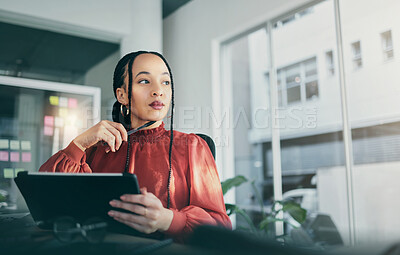Buy stock photo Tablet, thinking and a business black woman in her office, working online for schedule or calendar research. Technology, idea and search with a corporate employee planning using data or information