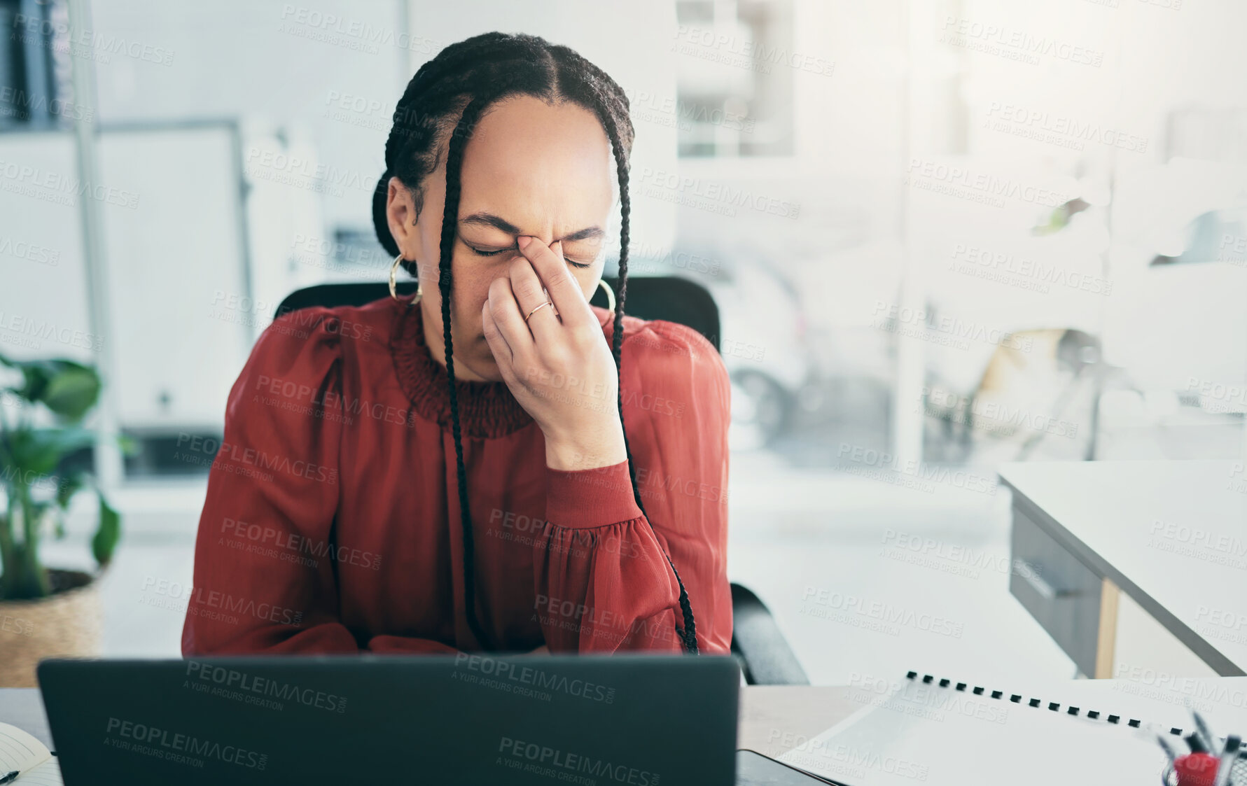 Buy stock photo Mental health, headache and business woman frustrated with 404 error, secretary fail or administration mistake. Receptionist, burnout and admin person stress over online problem, anxiety or migraine