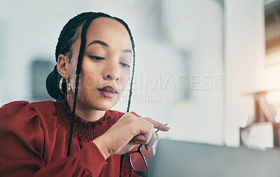 Buy stock photo Laptop, business and a designer woman in her office for research on a creative online project. Computer, website and innovation with young female employee in her workplace for internet or web design