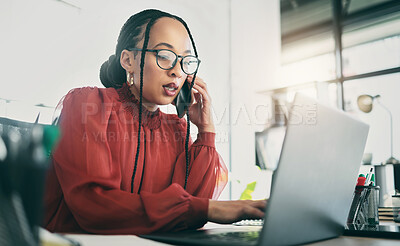 Buy stock photo Phone call, laptop and business woman in office for planning, schedule and planning. Calendar, networking and administration with female employee in agency for communication, technology or connection