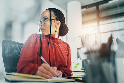 Buy stock photo Woman in office, writing in notebook with schedule and calendar, brainstorming and planning work. Business, ideas and notes with female employee, productivity and workflow with research and admin