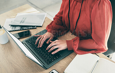 Buy stock photo Laptop keyboard, hands and woman typing administration report, receptionist feedback or online schedule, agenda or appointment. Secretary, business person or event planner working on project planning