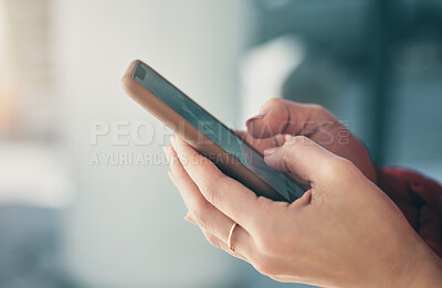 Buy stock photo Phone, typing and hands of person in office for social media, internet and mobile app. Technology, professional and closeup of worker typing on smartphone for website, chatting and business contact