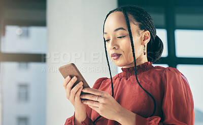 Buy stock photo Phone, online and business black woman in office for social media, browse internet and mobile app. Networking, professional and female worker on smartphone for website, research and communication