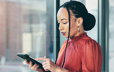 Buy stock photo Tablet, research and a business black woman in her office, working online for schedule or calendar planning. Technology, internet and search with a corporate employee reading data or information