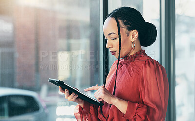 Buy stock photo Tablet, search and a business black woman in her office, working online for schedule or calendar planning. Technology, internet and research with a corporate employee reading data or information