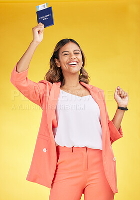 Buy stock photo Excited, ticket and portrait of a woman with a passport on a studio background for travel. Smile, flight and a young girl with documents, ID or a boarding pass for a holiday or vacation on backdrop