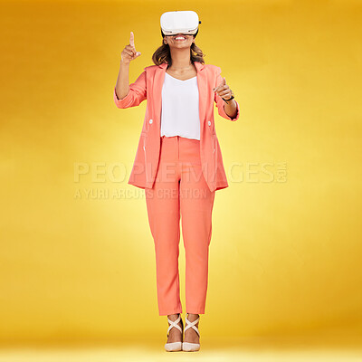 Buy stock photo VR, glasses and woman in studio for cyber innovation, digital world or user experience in metaverse. Happy model, virtual reality and future of high tech media, gaming or fantasy on yellow background