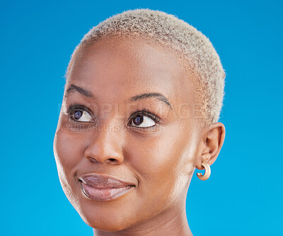 Buy stock photo Black woman, headshot and thinking with inspiration, decision and ideas isolated on blue background. Female person, African and question with vision, future and remember with dream in a studio