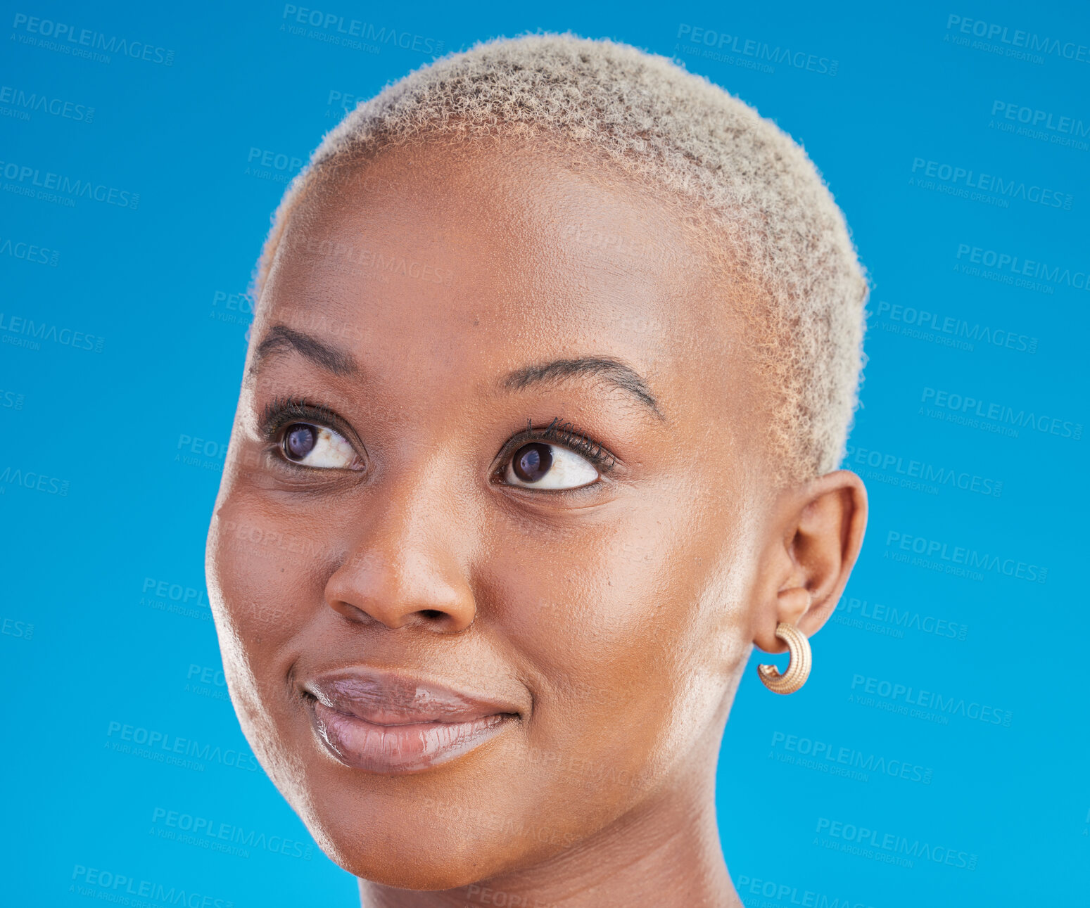 Buy stock photo Black woman, headshot and thinking with inspiration, decision and ideas isolated on blue background. Female person, African and question with vision, future and remember with dream in a studio