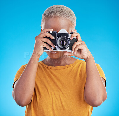 Buy stock photo Photographer woman, retro camera and studio for journalist job, art or photoshoot by blue background. African girl, lens and tech for creativity, production or content creation for paparazzi magazine