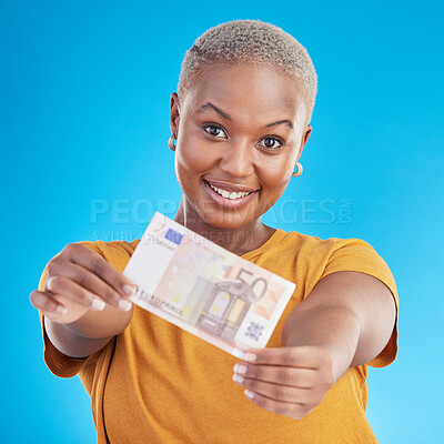Buy stock photo Black woman, euro note and finance, portrait and happy with prize, loan and cash isolated on blue background. Money, cashback and lottery win with payment, financial freedom and invest in a studio