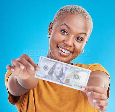 Buy stock photo Black woman, dollar and finance, portrait and happy with prize, loan and cash on blue background. Money, cashback and lottery win with payment, financial freedom and note with bonus in studio