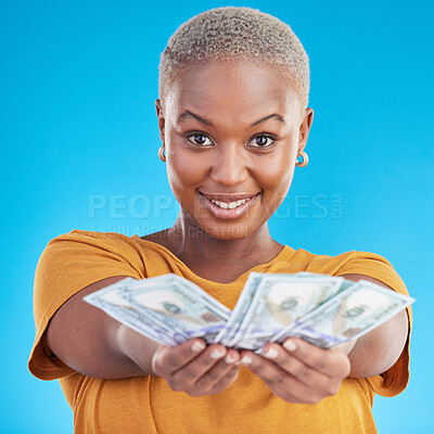 Buy stock photo Money, offer and happy woman in portrait for success, cash and lottery choice on blue background. Face, investment and rich african person or winner with bonus, cashback and financial loan in studio