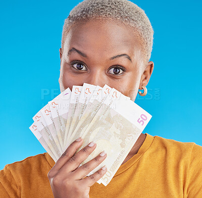 Buy stock photo Cash, winner and woman cover face on blue, studio background for winning, money fan or financial loan. Lottery, bank and young african person with bonus, budget secret and finance profit in portrait