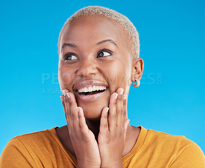 Buy stock photo Thinking, smile and black woman with ideas, excited and opportunity on a blue studio background. Surprise, girl and model with problem solving, inspiration and decision with happiness and planning