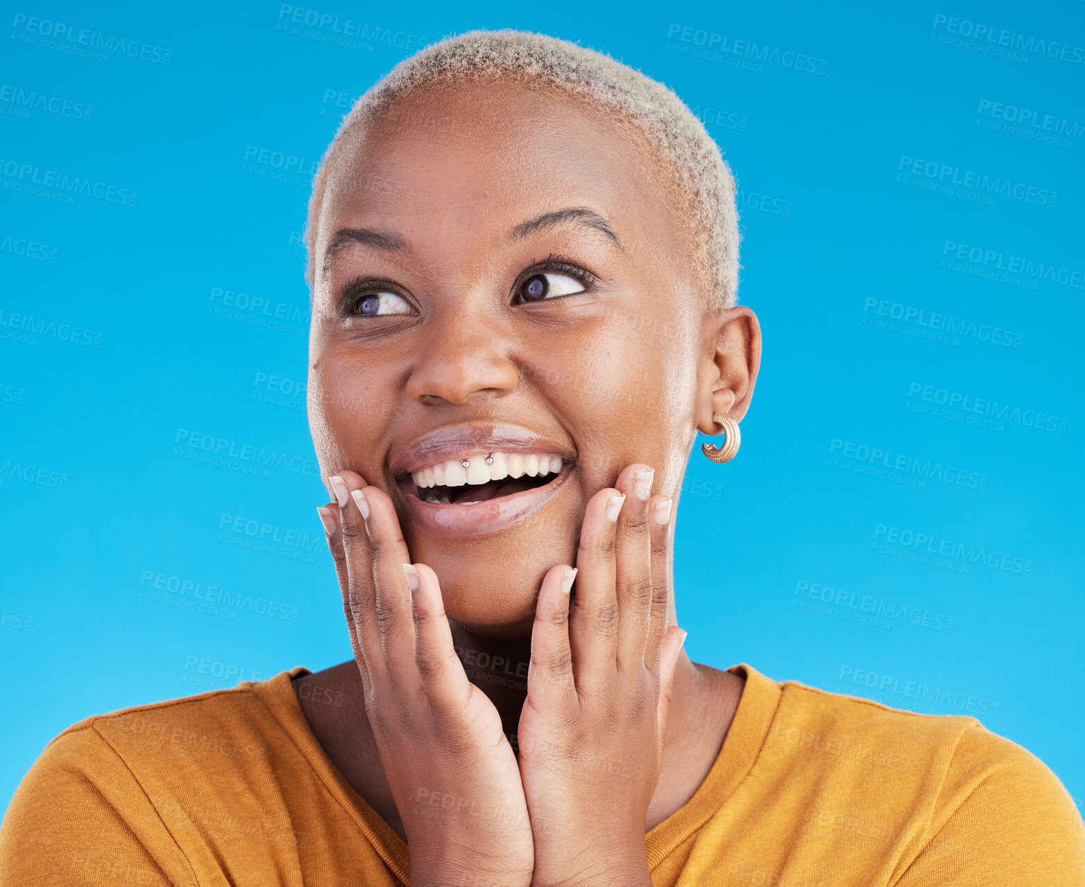 Buy stock photo Thinking, smile and black woman with ideas, excited and opportunity on a blue studio background. Surprise, girl and model with problem solving, inspiration and decision with happiness and planning