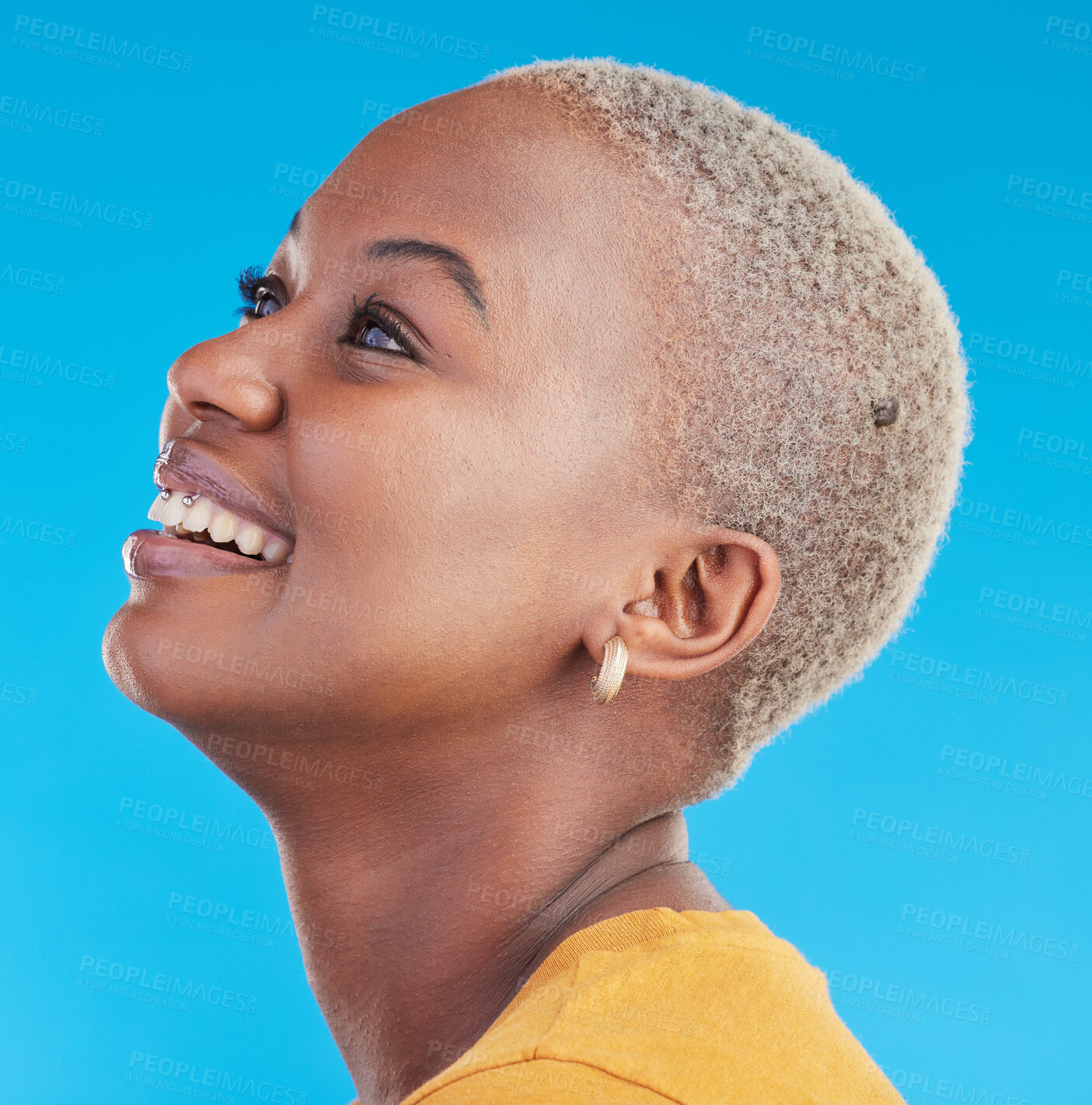 Buy stock photo African woman, profile and natural beauty in studio with blue background and thinking about vision, idea and hope for future. College student or person with happiness, goals and motivation in school