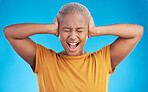 Headache, hands on ears and black woman shout in studio isolated on a blue background. Stress, noise and African person frustrated with loud sound, pain or crisis of tinnitus, not hearing or listen