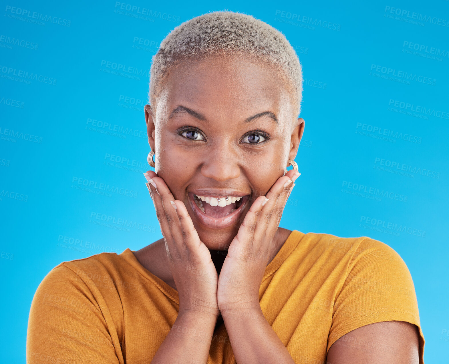 Buy stock photo Surprise, portrait and excited black woman in studio for shocking news or deal offer on blue background. Wow reaction, omg and happy female person shocked by gossip, announcement, promotion or deal