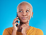 Woman, phone call and thinking, ideas or college decision, listening to news and feedback on blue, studio background. Happy african person or student on mobile communication with choice or plan emoji