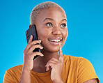 Black woman, phone call and thinking of university decision, listening to news and feedback on a blue, studio background. Happy person or student on mobile communication with ideas or future planning